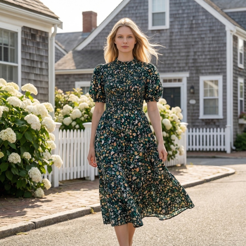 Tuckernuck Forest Green Floral Smocked Midi Dress
